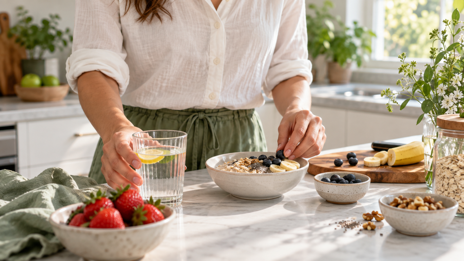 A simple morning moment with water and fresh ingredients