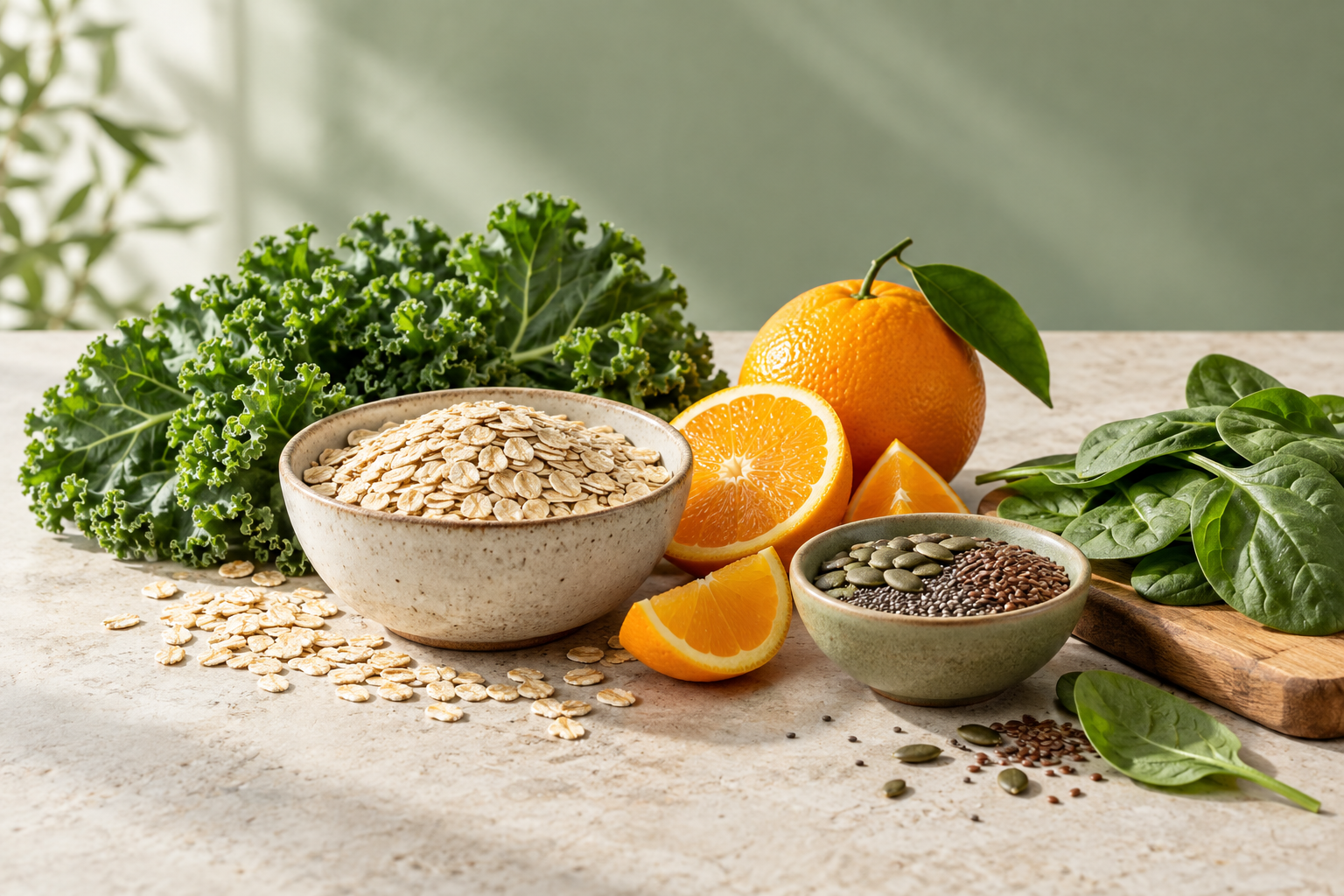 Whole foods and plant ingredients arranged on a light counter