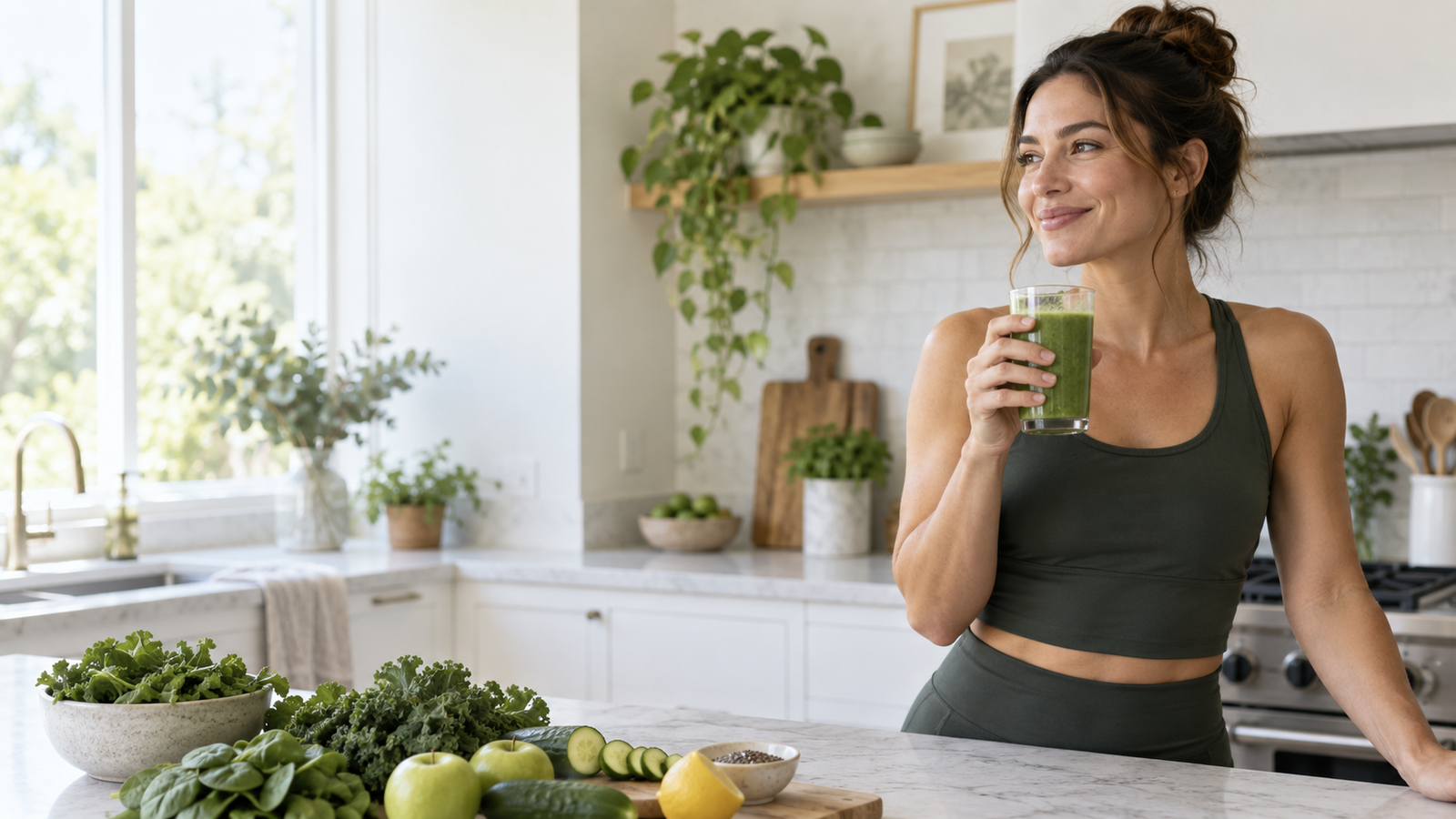 A bright morning wellness moment with a green smoothie
