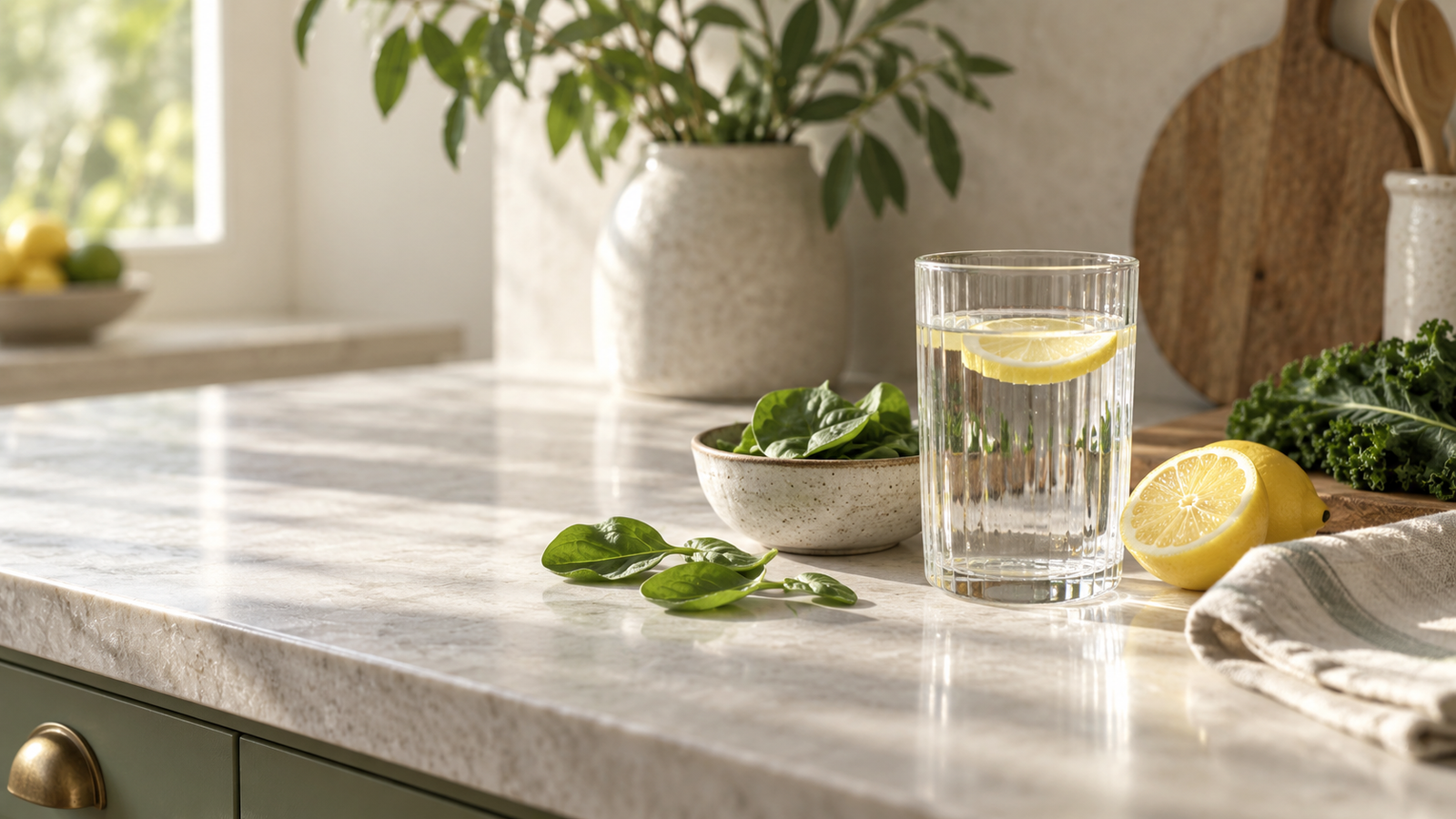 Water and fresh ingredients arranged for a calm daily routine